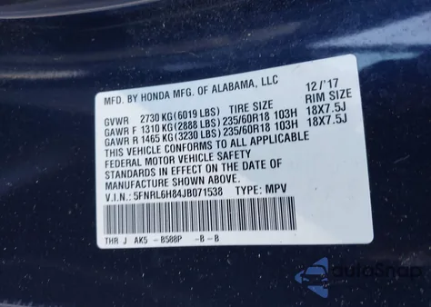 2018 Honda Odyssey Touring from USA, damaged, VIN 5FNRL6H84JB071538